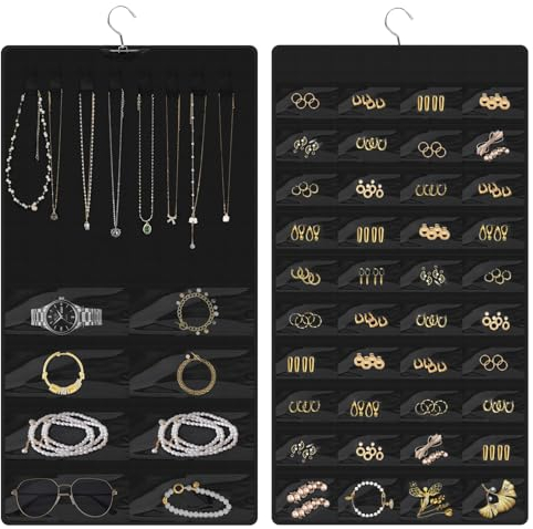 Royouzi Présentoir à Bijoux à Suspendre, Rouleau De Rangement Avec Cintre, Crochet En MéTal, Support à Bijoux Double Face, Pour Boucles D'Oreilles, Colliers, Bagues Sur Porte Murale D'Armoir