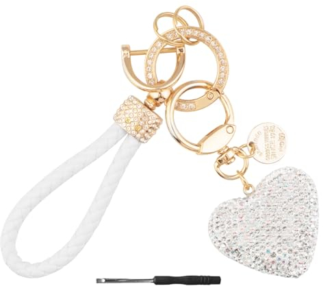 Swavitie Porte-clés pour Femme en Cuir avec Strass Porte Clef en Forme de Cœur Scintillant Décoration pour Clés de Voiture pour Femmes Amie Maman Fille Cadeau - Blanc Argent