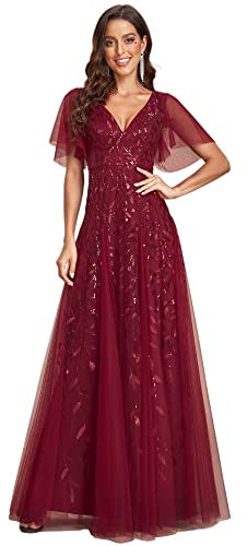Ever-Pretty Women's V Neck Short Sleeve Elegant Floor Length A Line Long Tulle Evening Dresses Burgundy 24UK