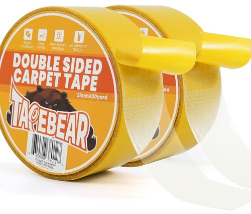 TAPEBEAR Heavy-Duty Double Side Carpet Tape 2Rolls x 50mm x 18m, Removable Carpet Tape for Area Rugs, Multipurpose Gripper Non Slip Tape for Wood Floor and Outdoor Rugs, Residue-Free, 2inch X 20yard
