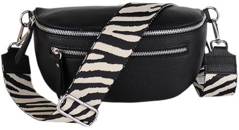 MIRROSI® Damen Bauchtasche Umhängetasche 27x14,5x8cm Damen, Made in Italy, aus Echtleder Tasche Echtes Leder, Brusttasche, Crossbody Bag,Bohemian Style (1 Tasche 2 Gurte) (Schwarz Zebra)
