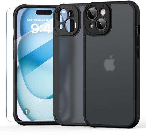 ScandiCasis for iPhone 15 Matte Case, Support Wireless Charging, Shockproof Anti-Fingerprint Military Grade Drop Protection, Translucent Hard Back Cover, Black