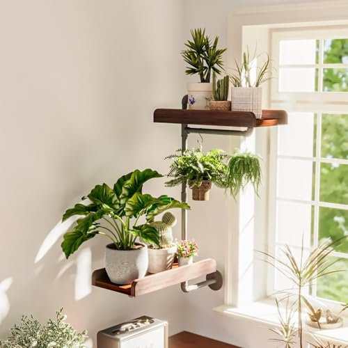 Bamworld Window Plant Shelves Rotating Plant Stand Indoor 2 Tier Hanging Floating Shelf Wood Rotating Shelf Plant Holder Industrial Rustic Wall Mount for Home Decor