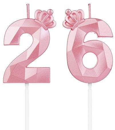 Geburtstagskerzen Zahlen 26 mit Krone,3D Kerzen Geburtstag für Kuchen geburtstagsdeko, Geburtstag Kerzen Zahlen, Geburtstagskerzen Kinder für Partys, Hochzeiten, Firmenfeiern, Jubiläen (Rosa, #26)