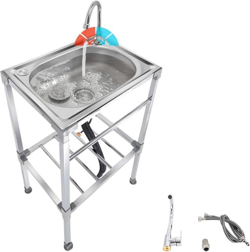 Camping Spüle Mit Wasserhahn und Ständer Küchenspüle Freistehend mit Ablassvorrichtung Outdoor Spüle Gartenschlauch Multifunktionswaschtisch Spültisch für Waschküche Werkstatt Restaurant Bauernhaus(