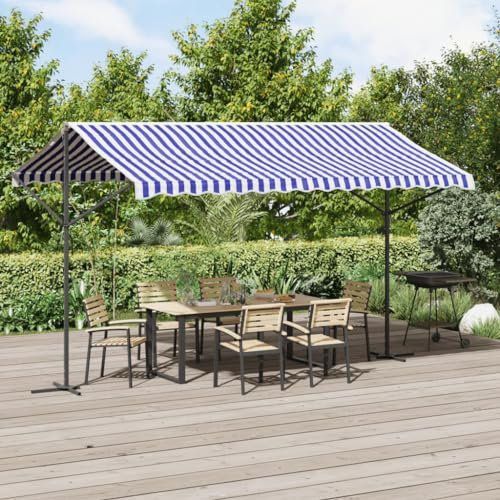 Amorsee Toldo de Pie Parasol Pérgola de Jardín 400x300 cm con Base Pergola Aluminio para Patio Jardín Terraza Impermeable Manivela Manual Aluminio Poliéster con PU Color Azul y Blanco