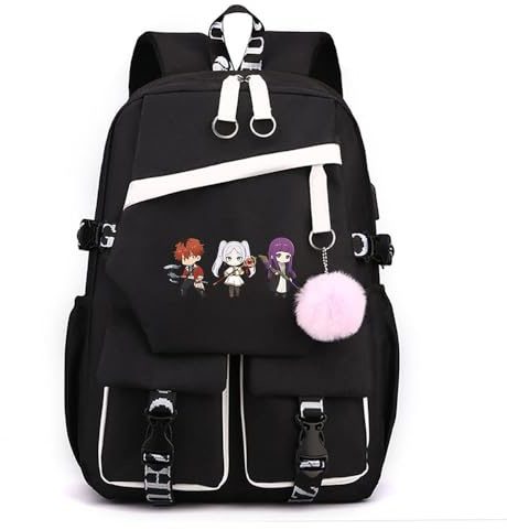 Sageam Anime Frieren: Beyond Journey's End stilvoller Schulrucksack Freizeitrucksäcke Nylon Wasserdicht Daypack mit Haarballen-Anhänger für Damen Mädchen