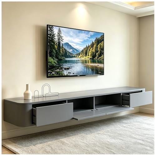 KSYGINXD Schwebende TV Schrank 300cm Grau, Modern TV Lowboard Hängend, TV Board Hängend mit 2 Schubladen 2 Klappen Türen & Kabelmanagement, für Wohnzimmer und Esszimmer