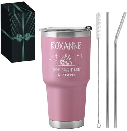 Maverton Mug Isotherme Personnalisable Rose en Acier Inoxydable 800 ml - Gobelet Isotherme avec Paille et Boîte Cadeau - avec brosse de nettoyage - Cadeau Femme Anniversaire Diamant