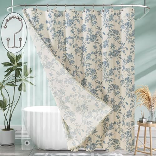 Cortina de ducha 3 en 1 con forro y ganchos, cortina de ducha de lino y algodón floral azul para baño, 183 cm de ancho x 183 cm de largo, cortina de ducha de doble capa