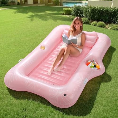 MoKo Bouée Gonflable pour Adultes en PVC, 82 x 50 Matelas de Piscine Gonflable avec Bac à Glaçons & Porte-Gobelets, Chaise de Piscine Longue pour Parc Aquatique Plage, Feuille Rose