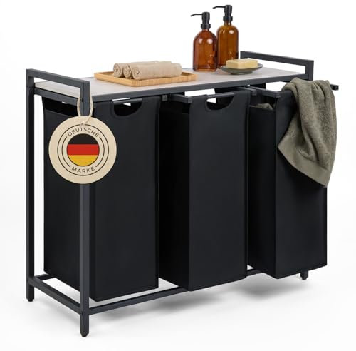 Blumtal Wäschesammler 3 Fächer Schwarz - Wäschekorb mit Ablage in Beton-Optik - Wäscheschrank mit Metall-Rahmen in Schwarz - Wäschekorb mit Beinen - Wäschesortierer 3 Fächer/Schmutzwäschebehälter