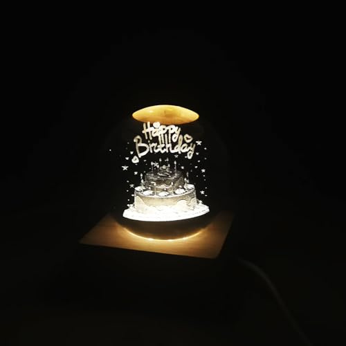ZVO 3D Kristallkugel Nachtlicht, 6cm Geburtstagskuchen LED Lampe mit Holzsockel, Geburtstag Geschenke für Frauen, Männer, Kinder, Jungen, Mädchen