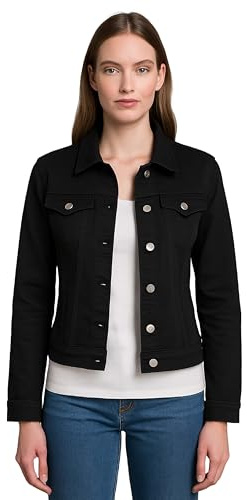 kraftd Women's Denim Jackets Casual Summer Long Sleeve Jacket | Ladies Denim Jackets Button Up Slim Fit | Stretch Denim Jacket | Jacket Women UK with Collared Neckline and Pockets (Black, 20)