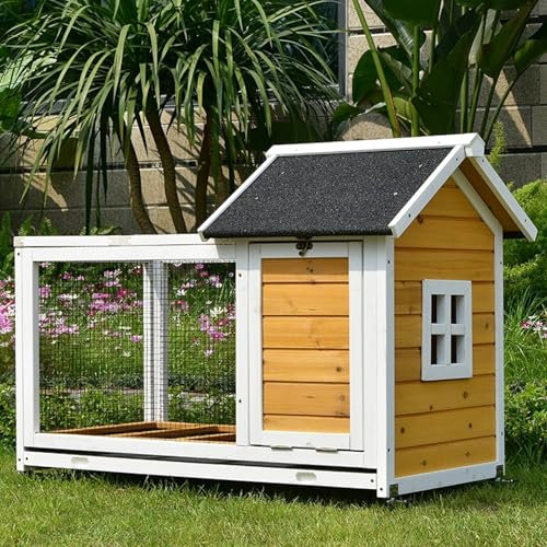 Kaninchenstall, Kaninchenkäfig für den Innenbereich mit Auslauf, Kaninchenhaus für den Außenbereich mit tieferen, auslaufsicheren Schalen – 4 Rollen inklusive，Yellow