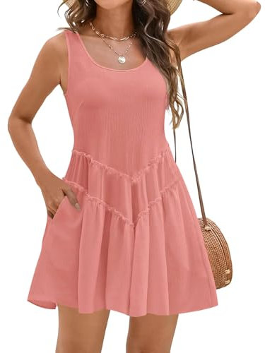 Satohom Sommerkleid Damen Ärmelloses Freizeit Knielang Kleider Einfarbig Lose Boho Blusenkleid Strandkleid Casual U-Ausschnitt Elegant Midi Kleid A-Linie Kleider mit Tasche Wickelkleid S-XL