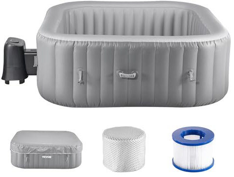 VEVOR Vasca Rotonda da Bagno Gonfiabile, per 4 a 6 Persone 185x66 cm, con 130 Getti Rilassanti, Filtro, Copertura, Tappetino, Pannello Controllo, Piscina Termale per Esterni, Grigio