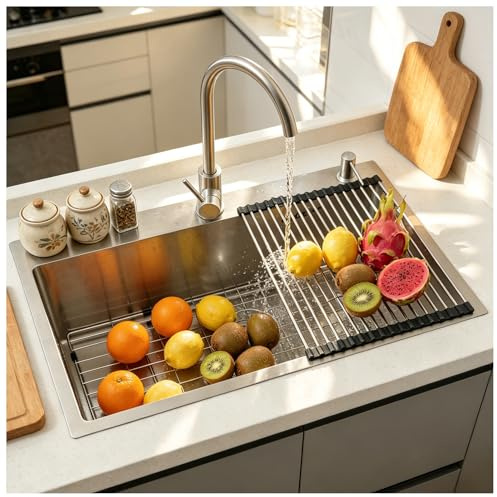 Fregadero Cocina 1 Seno 85 x 50cm,Acero Inoxidable Cepillado,Fregadero Bajo Encimera o Sobre Encimera, Gran Pila con grifo, con Sifón, Escurridor, Dispensador de jabón