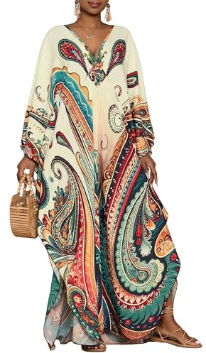 Bsubseach Kaftan klänningar för kvinnor etniskt tryck plus size strandskydd fladdermusärm kaftaner med fickor