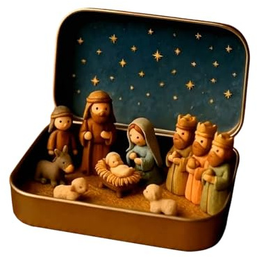 Mini Weihnachtskrippe In Einer Blechdose, Weihnachten Krippenszene Set, Tragbar Taschenformat Krippenszene Figuren Dekorationssets, Christlich Religiös Heilige Jesusfiguren Weihnachtsschmuck