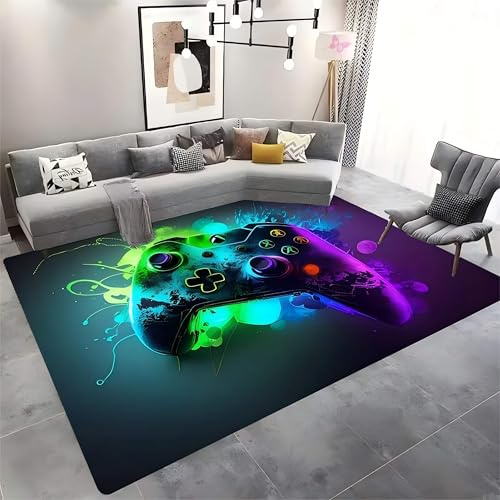 Gaming Teppich für Wohnzimmer, 120x180cm, 3D Design Abstraktem Grün-Blau-Lila Gamecontroller Cooler Teppich für Jungen-Spielzimmer, Gaming-Teppiche fürs Teenager-Zimmer, Rutschfester, Waschbarer
