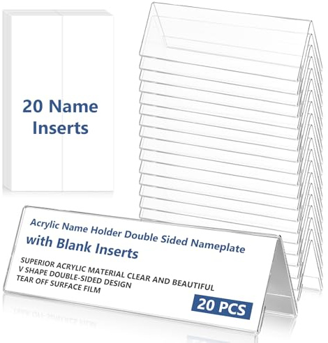 20 PCS Acrylic Table Name Place Holders with Blank Inserts 210x61mm Double Sided Transparent Display Stand for Office Desk Meeting Conference Wedding Place Cards Restaurant Table Numbers