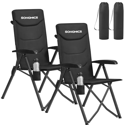 SONGMICS Campingstuhl faltbar, 2er Set, 95°-150° verstellbare Rückenlehne, Klappstuhl, drehbarer Getränkehalter, Tragetasche, Schultergurt, für Garten, Camping, Angeln, schwarz GCB015BZ01-2J