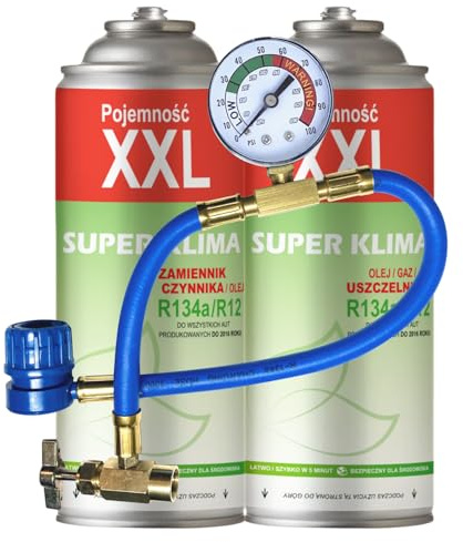 SUPER KLIMA Refrigerante R134a + set de recarga 3 en 1 para aire acondicionado para coche con manómetro, juego de gas climático