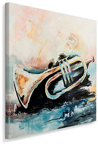 Feeby. Wandbild - 1 Teilig - 70x70 cm, Leinwand Bild Leinwandbilder Bilder Wandbilder Kunstdruck, TROMPETE, MUSIK, BRAUN, BLAU