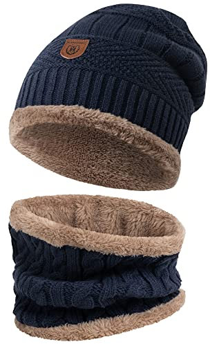 Indicode Herren Siracusa Winter-Set Mütze & Schal | Strick Wintermütze Winterschal Navy, One Size