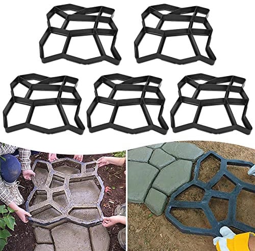 Froadp 5 Stück Betonform Schwarz Schalungsform DIY Pflasterform aus Kunststoff Betonpflaster Gießform Muster für Gehwegen Trittsteinen Garten Rasenbahnen(43x43x4cm, Unregelmäßig - 9 Kammer)