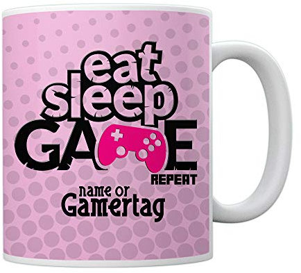 EAT Sleep Game Repeat - Personalised Gamer Gift - Add Name - Printed Novelty Tea Coffee Ceramic Mug (Girls Pink)
