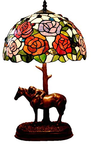 GDLight Tiffany Stil Rose Tischlampe handgefertigte Glasmalerei Nachttischlampe mit Harz Pferd Basis für Wohnzimmer Schlafzimmer Bar, 12 Zoll