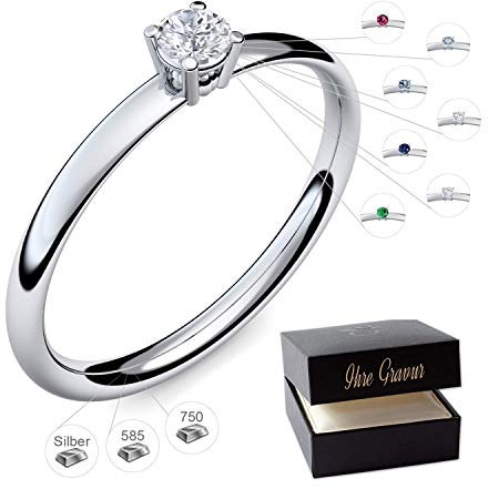 Verlobungsring Silber 925 Weißgold 585 750 PERSONALISIERT + ETUI mit individueller GRAVUR Damen-Ring Heiratsantrag Diamant-Ring Zirkonia Aquamarin Rubin Saphir Brillant Blautopas.