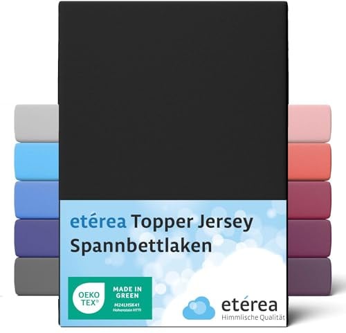 etérea Jersey Topper Spannbettlaken 200x200-200x220cm Schwarz für 5-10 cm Steghöhe 100% Baumwolle - Oekotex Spannbetttuch Matratzen Bett Bezug - Bettlaken 200x200cm - 200x220cm Black