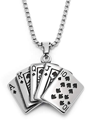 Schmuck-Checker Royal Flush Poker Karten Anhänger aus 316L Edelstahl Pik-As Casino Glücksbringer Herren Kette Männer Halskette Geschenk