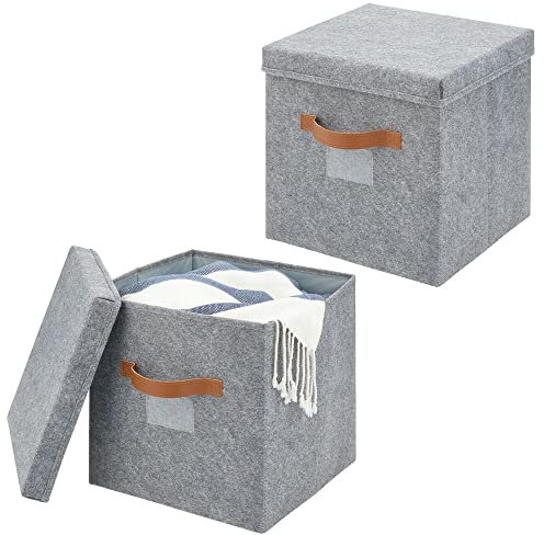 mDesign Sortierbox für den Schlafzimmerschrank – große Ordnungsbox mit Deckel aus Kunstfaser – Aufbewahrungsbox für Kleidung und andere Accessoires – 2er-Set – grau/beige