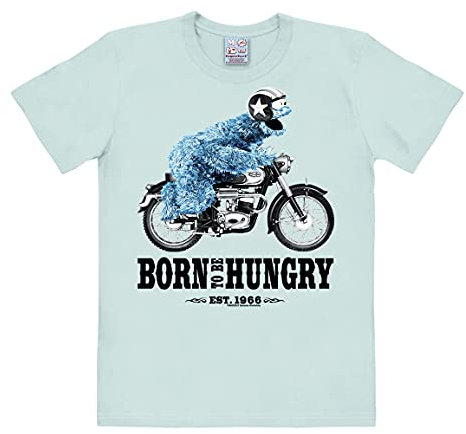 Logoshirt® Sesamstrasse I Krümelmonster I Motorrad I Born to Be Hungry I T-Shirt Print I Damen & Herren I kurzärmlig I hellblau I Lizenziertes Originaldesign I Größe M