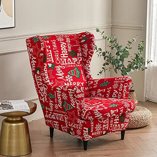 Highdi 2 Teilig Ohrensessel Überzug, Sessel-Überwürfe Ohrensessel Schonbezüge Bezug Sesselhusse Elastisch Stretch Tiger Stuhlbezug mit Armlehne Hohe Rückenlehne Universal (Weihnachtsrot)