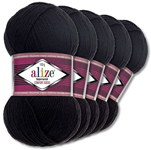 Wohnkult Alize 5x100g Superwash Comfort Sockenwolle 33 Farben zur Auswahl EIN-/Mehrfarbig (60 | Schwarz)