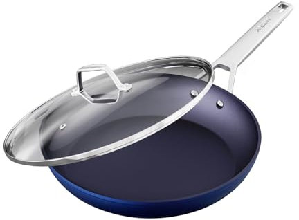 MsMk Non stick frying pan set with lid Blue, 12-inch Durable skillet, Titanium and Diamond Non Stick Non-Toxic Coating From USA, Even Heating, Easy Clean-Up, Comfort Handle, Induction Compatibility