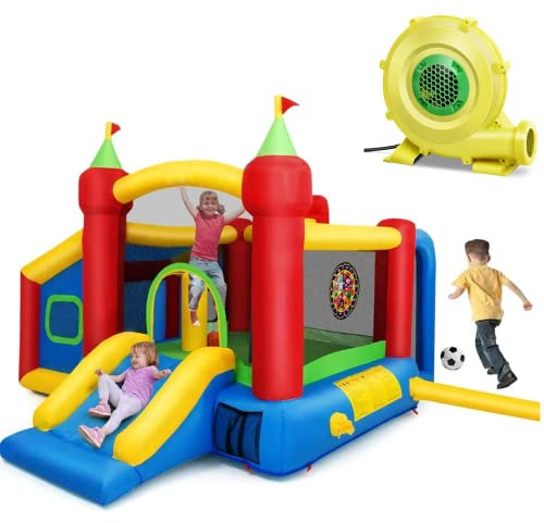 COSTWAY Kids Bounce Castle, 6-in-1 Inflatable Trampoline Bouncy House with 100 Ocean Balls, Slide, Football & Basketball Hoop, Indoor Outdoor Blow up Jumper for Backyard Playground