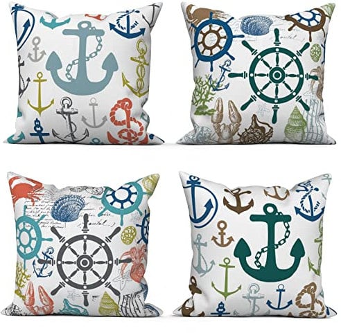 ASDCXZ Maritim Kissenbezug 50x50 cm 4er Set, Maritim Anker Seekompass Schale Weiß Sofa Dekokissen Kissenbezüge Kissenhülle Waschbar Polyester Leinen Textil Polster Kopfkissenbezug Kissen Bezug