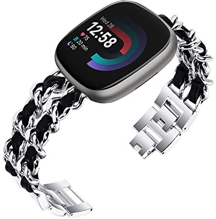 Niboow Bracelet Compatible avec Fitbit Versa 4/Sense 2, Femmes Métal Sangle Compatible avec Fitbit Versa 4/Sense 2 - Argent avec Noir