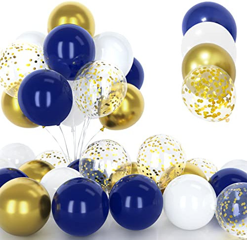30 Pièces Ballons Bleu Marine et Or, 12 Pouces Métallique Chrome Dorés Confettis Ballons, Latex Hélium Blanc Ballons avec Ruban pour Anniversaire Festival Enfant Baby Shower Fête Célébrations