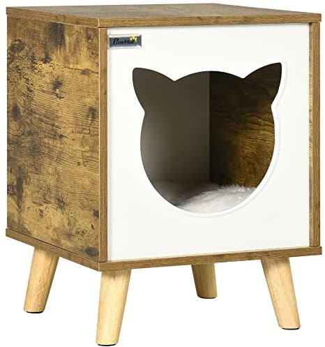 Pawhut Caseta de Madera para Gatos Casa para Gatos Interior Cuerva de Gatos con Cojín Lavable y Patas Elevadas 34x34x44,5 cm Marrón