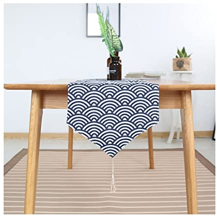 Epinki Tischläufer Frühling Modern, Leinen Tischläufer Waschbar Welle Muster, Tisch-Deko Tischband für Picknick Party Küche Hochzeit (Blau Weiß, 30x140 cm)