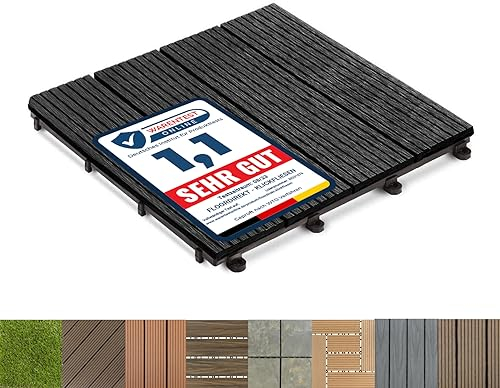Floordirekt WPC Fliesen 30x30 cm, 1 Stück = 0,09m² Terrassenfliesen, Klickfliesen, Balkonfliesen in Holzoptik - Bodenbelag für Balkon & Terrasse - wetterfest mit Drainagefunktion | Anthrazit | Royal