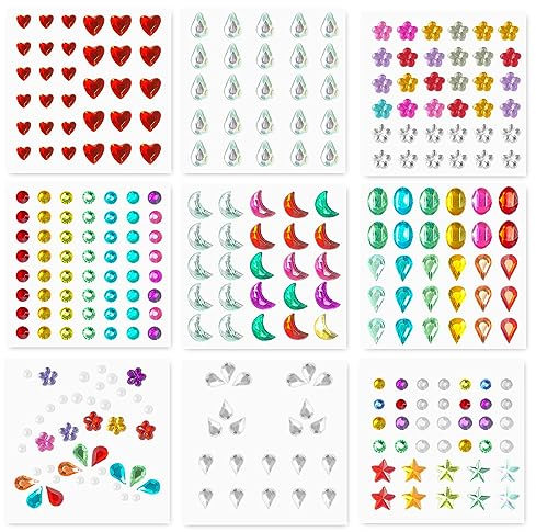 AWAVM 9 Sheets Festival Face Gems Stick on, Self-Adhesive Face Jewels Stickers Face Diamonds Rhinestones for Makeup, Nail Gems Stickers for Face Eye Arm Body Nail Decoration Party