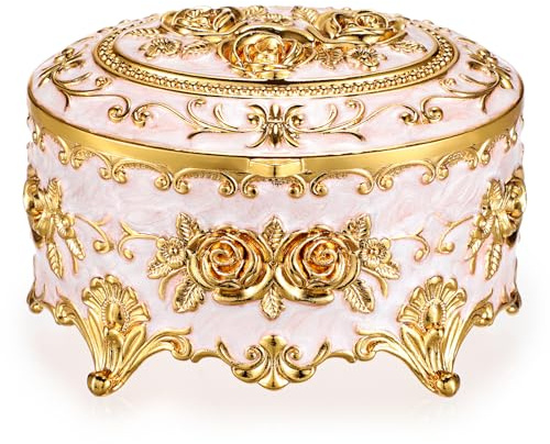 Hipiwe Vintage Metal Jewelry Box - Oval Trinket Organizer Ring Box Case with Rose Pattern Jewelry Storage Box for Ring Earrings Necklace, Gift for Women